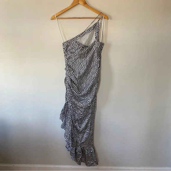 NWOT Cinq A Sept Silk Christel Ruched One Shoulder Silk Dress in White and Navy - Picture 6 of 9
